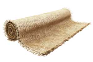 A rolled-up piece of burlap fabric with frayed edges, isolated on a transparent background. Perfect for rustic and DIY crafts. png