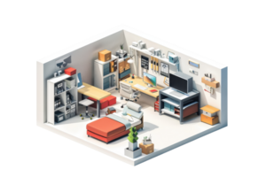 A modern, organized workspace with a desk, computer, bed, and various office supplies in a cozy room setting. png