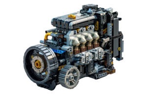 Close-up of a detailed LEGO engine model, showcasing intricate design and mechanical parts, ideal for engineering and LEGO enthusiasts. png