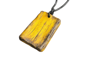 Close-up of a handcrafted wooden pendant in yellow with a rustic finish, hung on a black cord, isolated on a transparent background. png