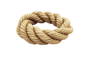 Close-up of a coiled, heavy-duty rope with thick, intertwined strands. Perfect for nautical, shipping, and rugged industrial uses. png