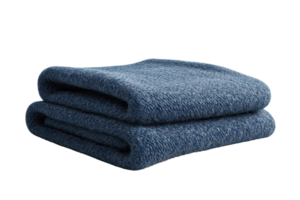 Closeup of a neatly folded blue woolen blanket on a transparent background. Cozy, warm, and comfortable fabric ideal for home decor and bedding. png