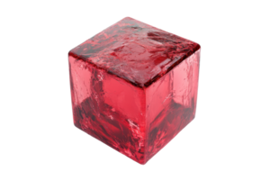 Close-up of a translucent red cube with a textured, crystalline surface, isolated on a transparent background. png