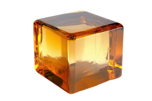 Close-up of an amber-colored glass cube featuring intricate reflections and transparency, perfect for abstract designs and futuristic themes. png