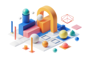 Colorful abstract geometric shapes and structures, representing modern design and creativity in a 3D rendering. png