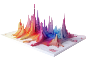 Colorful 3D data visualization graph on grid paper representing complex information in peaks and valleys, isolated on transparent background. png
