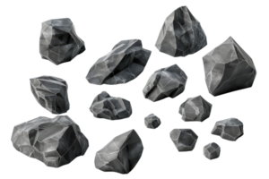 Collection of dark, polygonal rocks in various sizes, isolated on a transparent background. Ideal for 3D modeling, animation, and game design projects. png