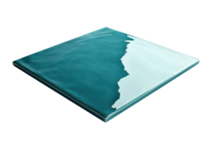 Close-up view of a textured blue-green ceramic tile with a glossy finish, highlighting a wavy pattern reminiscent of ocean waves. png