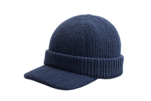 Cozy blue knit winter hat with a visor, perfect for cold weather. Stylish and warm accessory for outdoor activities or casual wear. png