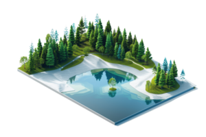 Digital 3D rendering of a serene forest with a central lake, surrounded by lush greenery, reflecting a peaceful natural landscape. png