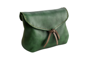 Elegant green leather pouch with a brown tie closure, perfect for storing small items. High-quality craftsmanship and stylish design. png