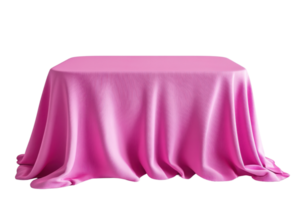 Elegant pink fabric draped over a square table creating soft, flowing folds, perfect for event decor, product display, or interior design inspiration. png