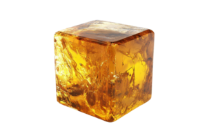 Golden amber cube with a clear and polished surface, showcasing intricate internal patterns and transparency perfect for decoration or collection. png