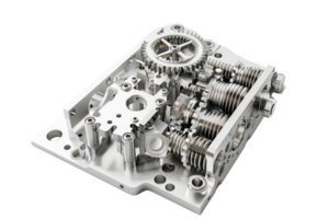 High-precision metallic machinery part with gears and components, isolated on transparent background. showcasing engineering and mechanical design. png