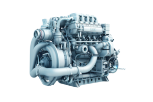 High-quality 3D rendering of an intricate diesel engine showcasing detailed mechanical components. Great for engineering and technical projects. png