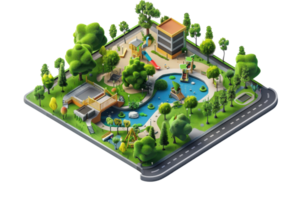 High-angle illustration of a modern urban park with playgrounds, ponds, and trees, showcasing urban greenery and recreation areas. png