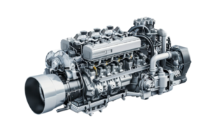 High-quality image of a complex car engine, showcasing parts and mechanisms, ideal for automotive industry and engineering content. png