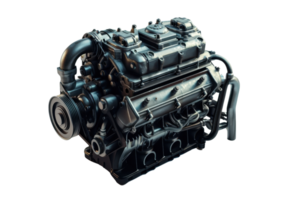 High-resolution image of a detailed car engine, showcasing mechanical components and engineering precision on a transparent background. png