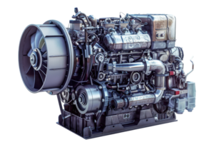 High-resolution image of a modern industrial engine, showcasing its mechanical complexity and detailed components. png