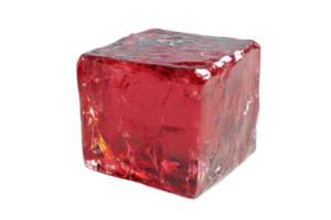 High-resolution image of a red ice cube against a transparent background. showcasing clarity, texture, and vibrant color for various design projects. png