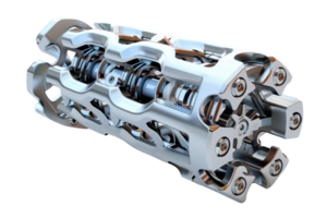High-tech, intricate mechanical component with detailed metallic design, showcasing modern engineering and advanced technology suitable for various applications. png