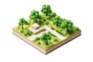 Isometric 3D illustration of a forest scene with trees and a small building, representing nature architecture and landscape design. png