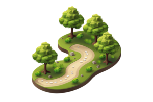 Isometric cartoon-style forest scene with winding path and trees, perfect for game design, animation, or digital art projects. png