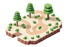 Isometric forest path illustration with trees, greenery, and winding dirt trail, ideal for nature, landscape, or adventure designs. png