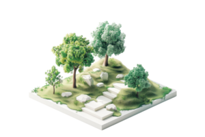 Isometric green park scene with trees and white stone pathway, perfect for nature-themed projects and architectural visualizations. png