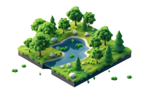 Isometric digital art of a forest landscape with trees, rocks, and a small pond. Ideal for nature, environment, and digital art concepts. png