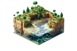 Isometric illustration of natural landscape with forested cliffs, beach, and ocean in vibrant colors. Perfect for environmental projects. png