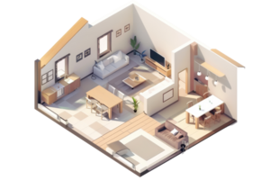 Isometric view of modern open-plan living space featuring kitchen, dining, and living areas with cozy and minimalist design elements. png