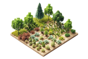 Isometric illustration of diverse plant ecosystem, showcasing various tree species, shrubs, and succulents in a single plot. png