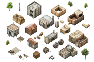 Isometric view of various buildings and structures set in an industrial or construction setting with detailed architectural designs. png