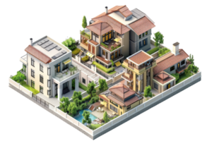 Isometric view of modern residential neighborhood with multiple houses, lush greenery, and pool in a gated community. png