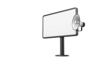 Blank billboard with attached loudspeaker on left side against clear background. Perfect for advertising, announcements, or marketing concepts. png