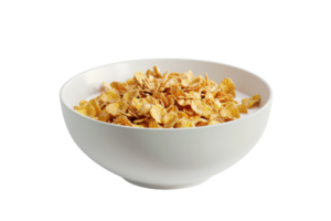 A white bowl filled with crunchy cornflakes, ready to be enjoyed for breakfast. Perfect for a wholesome and nutritious start to the day. png