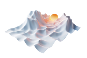 Abstract 3D render of white mountainous landscape with a warm sun rise in the background. Modern digital art with soft edges and smooth textures. png