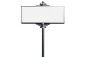 Blank white rectangular sign on a metallic pole isolated on a transparent background. Ideal for adding custom text or design for various uses. png