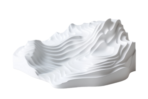 Abstract 3D white layered sculpture resembling topographical map, showcasing intricate details and modern design. png