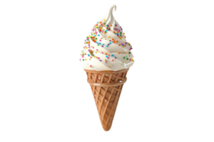 Delicious soft-serve vanilla ice cream cone with colorful sprinkles on top, perfect for a summer treat or dessert on a hot day. png