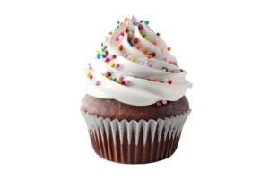 Delicious chocolate cupcake with creamy white frosting and colorful sprinkles, perfect for celebrations and sweet tooth cravings. png