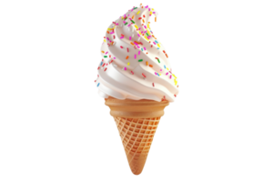 Delicious vanilla soft serve ice cream in a cone topped with colorful sprinkles, perfect for a hot summer day or a sweet treat anytime. png