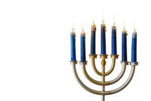 Elegant menorah with blue candles lit for Hanukkah celebration, black background, symbolizing Jewish tradition and spiritual light. png
