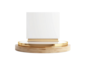 Elegant white and gold podium stand, perfect for product displays, presentations, and minimalist design concepts in various environments. png