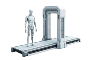 Futuristic human-like figure standing next to advanced scanning device, representing technology and innovation. png