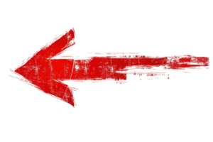 Grungy red left arrow pointing direction. Distressed texture and worn look. Ideal for navigation and directional graphic design projects. png