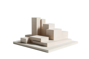 Minimalist architectural model featuring modern geometric buildings with clean lines and a monochromatic color scheme. png