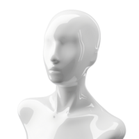 Glossy white mannequin head and shoulders front view isolated on transparent background. modern sleek design for display or art project. png