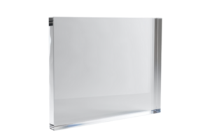Minimalist clear acrylic block with reflective surface, perfect for modern decor or professional presentations. png